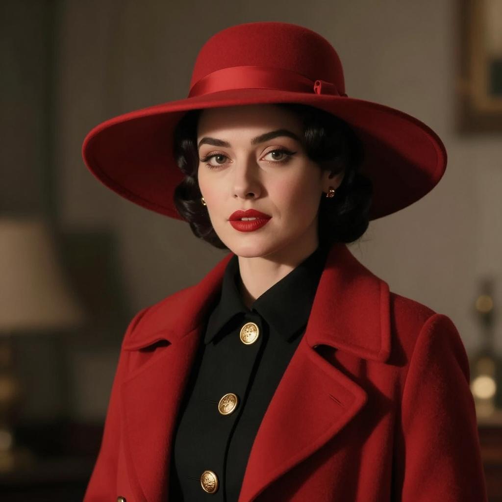 Elegant Woman in Vintage Red Hat and Coat Portrait