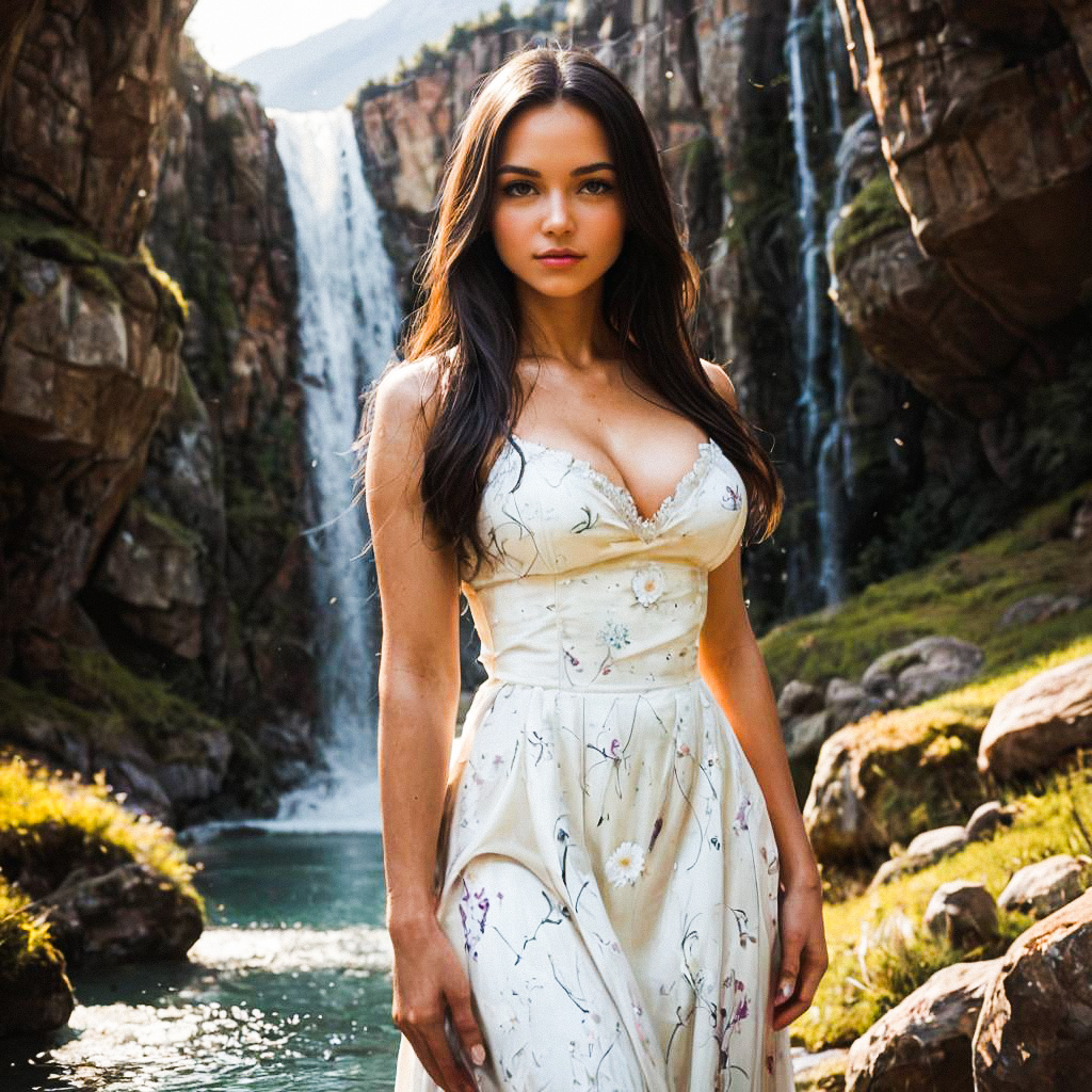 Elegant Woman by Serene Waterfall Elegant Woman by Serene Waterfall