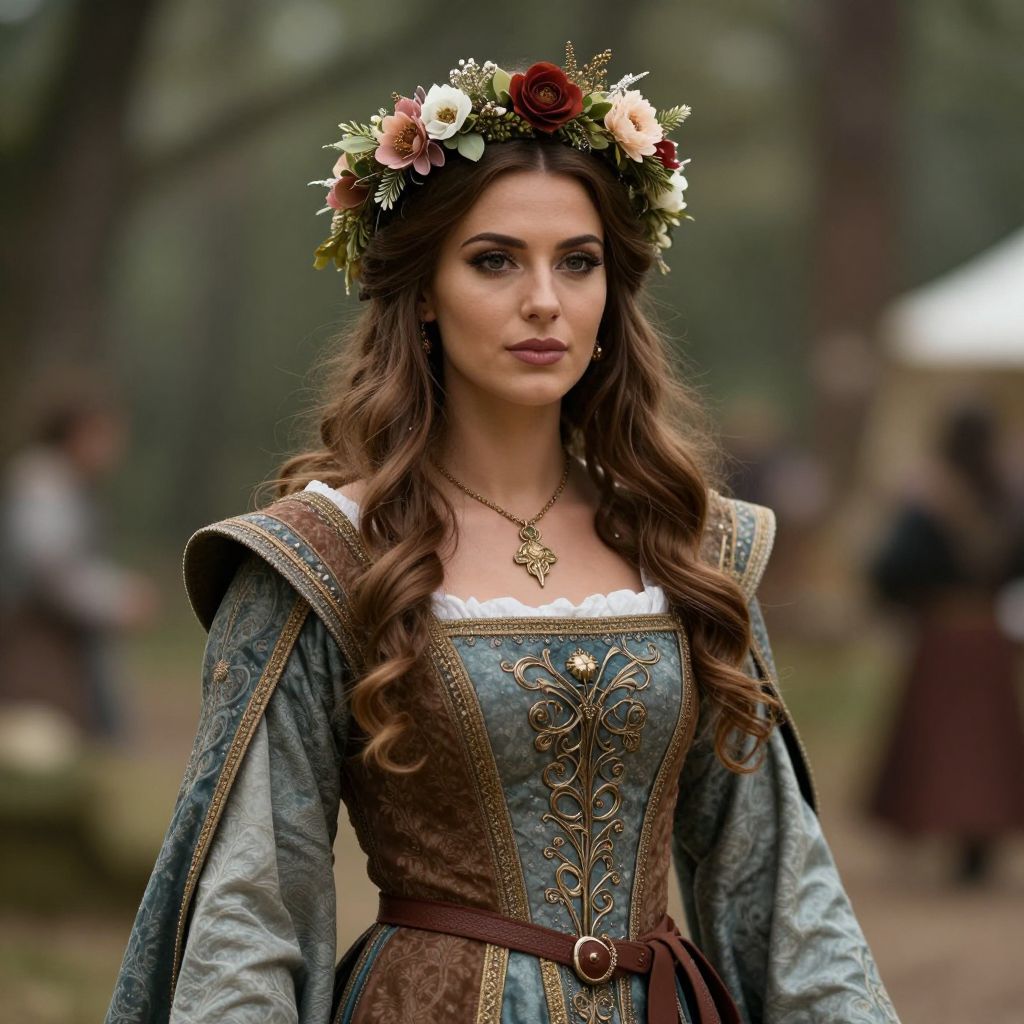 Renaissance Style Woman Wearing Floral Crown and Embroidered Gown