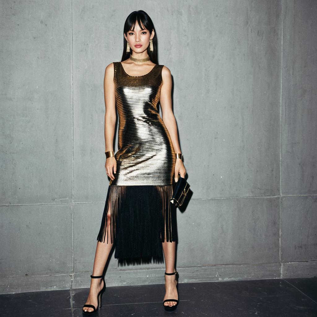 Confident Woman in Metallic Sheath Dress
