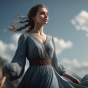 Woman in Vintage Blue Dress Outdoors