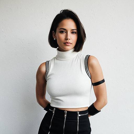 Woman in Chic White Sleeveless Mock Turtleneck Crop Top and Black Skirt with Zippers