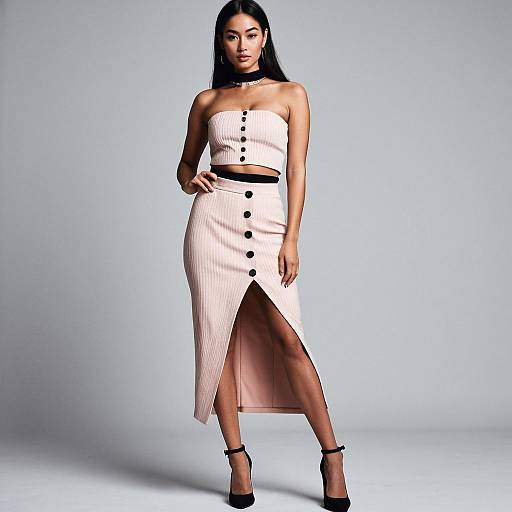 Chic Ribbed Beige Two-Piece Outfit with Black Buttons and Front Slit Skirt