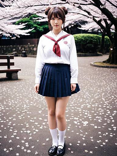 Japanese Schoolgirl in Uniform Under Cherry Blossom Trees During Hanami