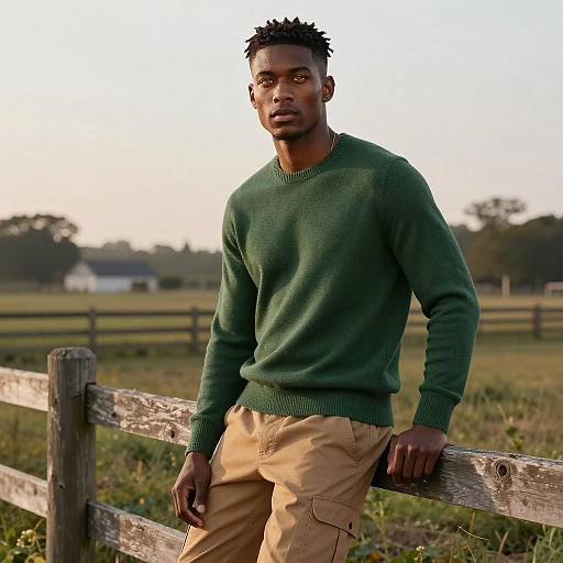 Gen Z Man in Green Sweater and Cargo Pants Leaning on Fence Outdoors