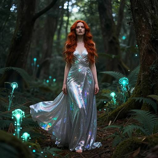 Ethereal Woman in Iridescent Gown Among Glowing Mushrooms in Forest