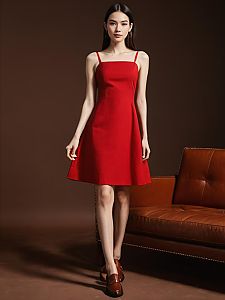 Elegant Woman in Red Dress with Brown Leather Shoes in Minimalist Setting