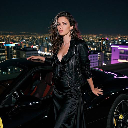 Woman in Black Leather Jacket with Sports Car Night Cityscape