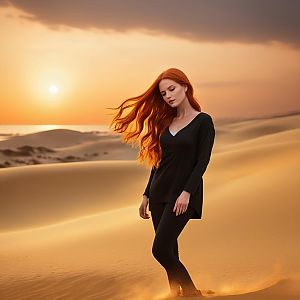 Red-Haired Woman Standing in Desert at Sunset with Flowing Hair