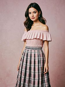 Elegant Woman in Pink Off-Shoulder Top and Plaid Skirt Studio Portrait