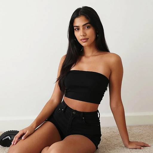 Young Woman in Black Tube Top and High-Waisted Shorts Sitting Indoors