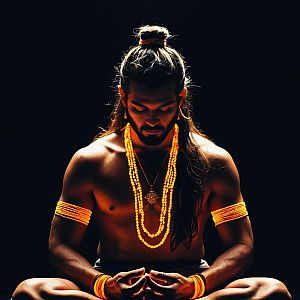 Meditative Man with Orange Bead Jewelry in Dark Background