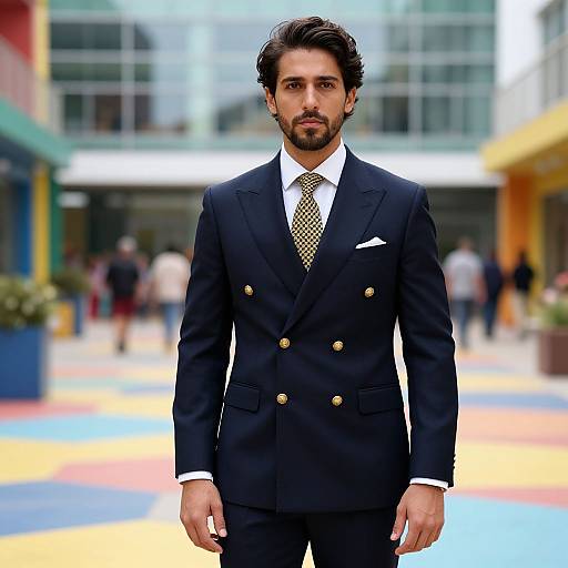 Man in Navy Double-Breasted Suit with Gold Buttons in Urban Setting