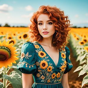 Woman in Embroidered Dress in Sunflower Field