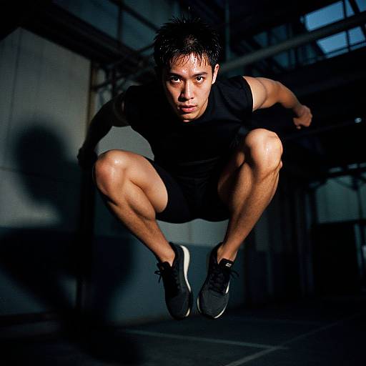 Athletic Man Jumping Indoors in Dark Gym