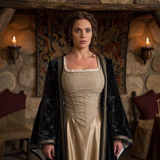 Renaissance Woman in Historical Costume Standing in Stone Room