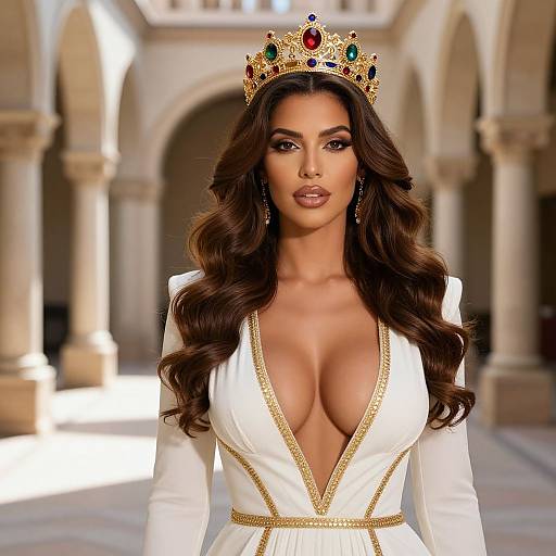 Regal Woman in White Gown Wearing Golden Jewel Crown