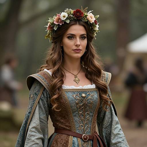 Renaissance Style Woman Wearing Floral Crown and Embroidered Gown