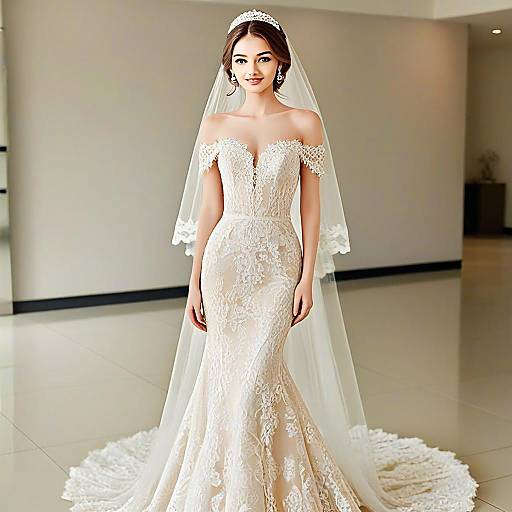 Elegant Off-Shoulder Lace Mermaid Wedding Dress with Veil and Tiara