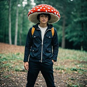 Young man in mushroom hat in forest