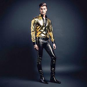Confident Male Model in Golden Sequined Shirt