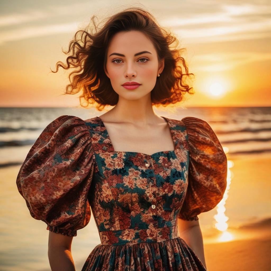 Woman in Vintage Floral Dress at Sunset Beach