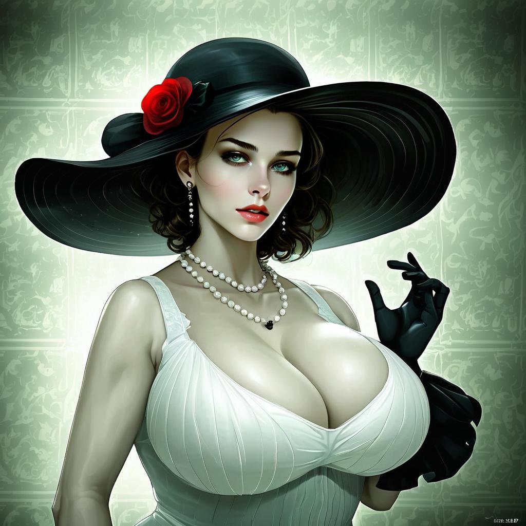 Anime Style Elegant Woman in Black Hat with Red Rose