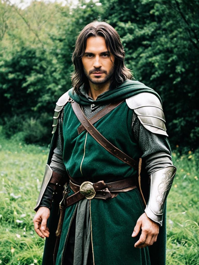 Realistic Aragorn Cosplay Costume Photo of Man in Medieval Fantasy Attire