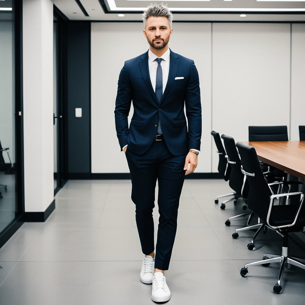 Confident man in tailored suit and sneakers in modern office Confident man in tailored suit and sneakers in modern office