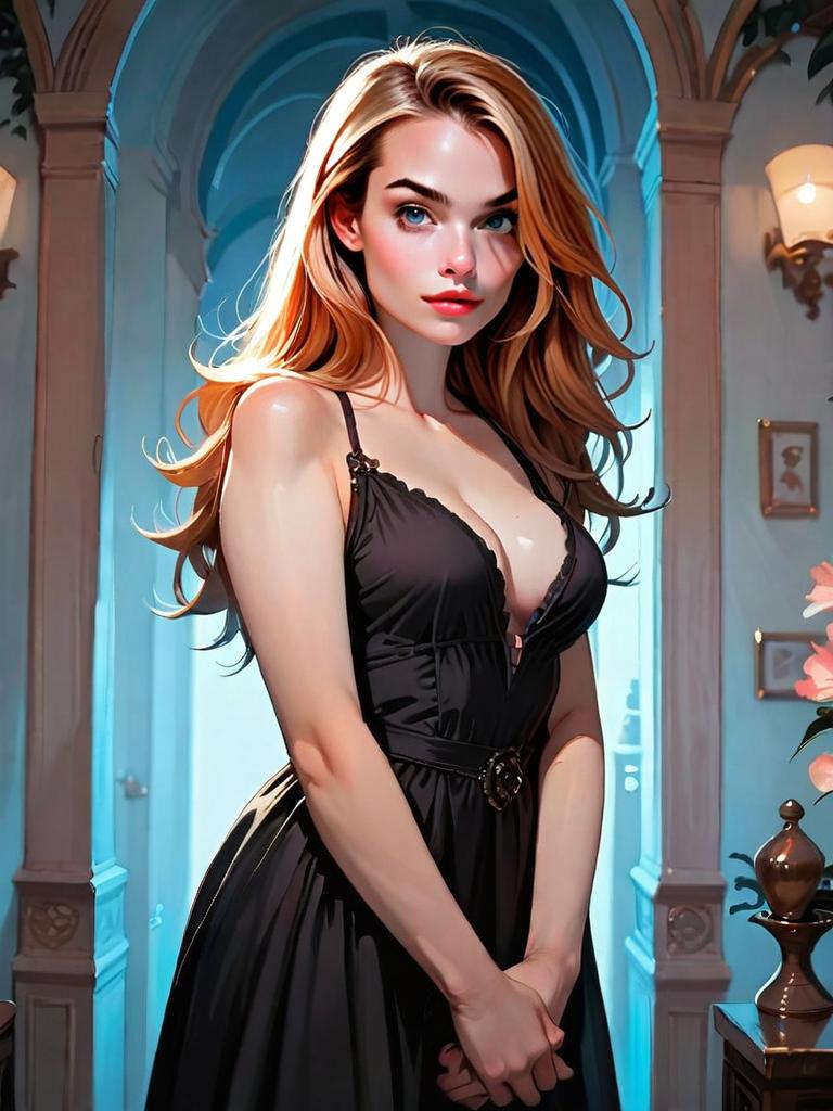Digital Illustration of Woman in Elegant Black Dress in Classic Interior