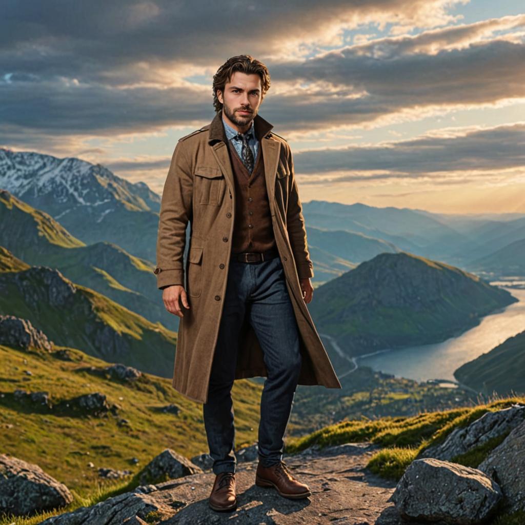 Confident Man in Trench Coat on Scenic Mountaintop