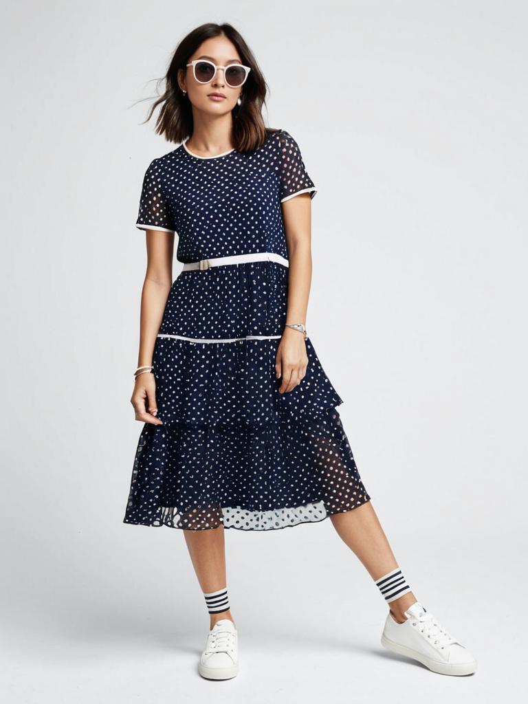 Woman in Contemporary Casual Navy Mesh Overlay Dress with White Dotted Pattern