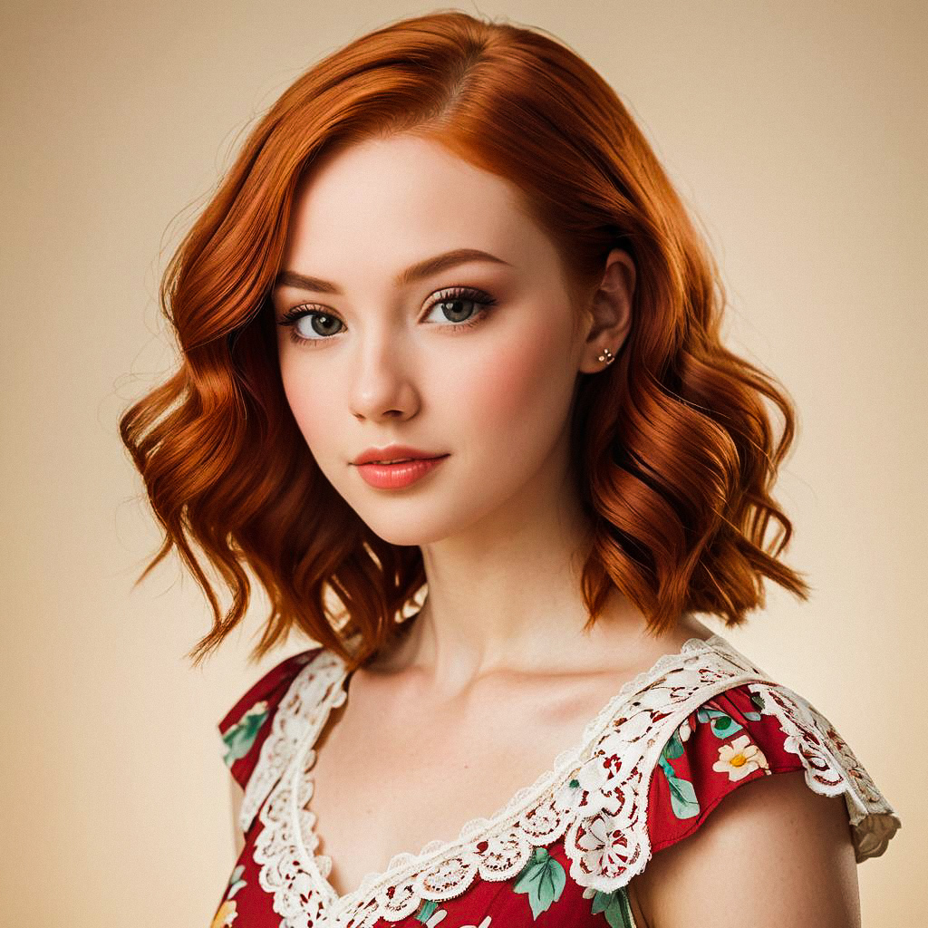 Close-up portrait of a young woman with red hair and floral dress Close-up portrait of a young woman with red hair and floral dress