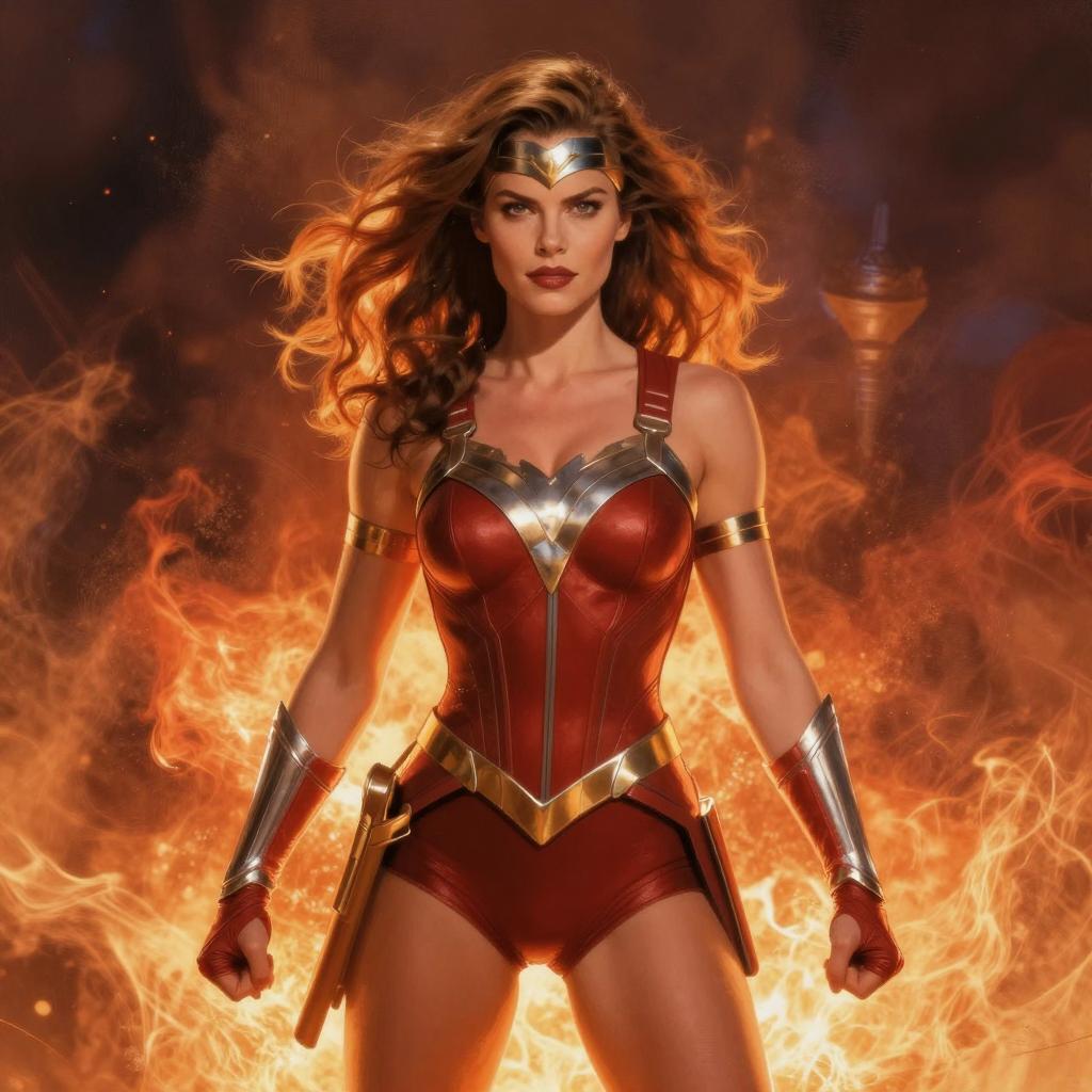 Woman in Red Superhero Armor with Fiery Background