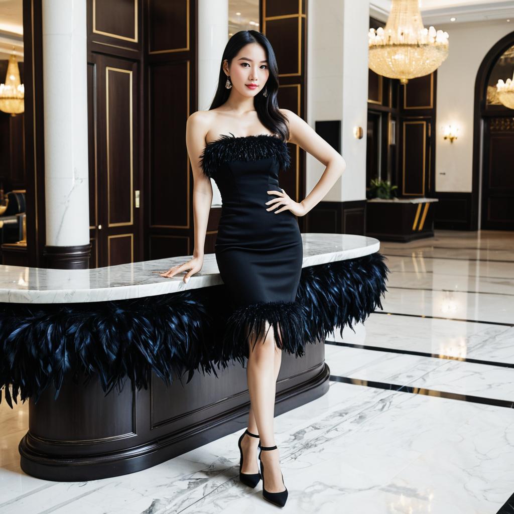 Elegant Woman in Feathered Black Dress in Luxurious Marble Lobby