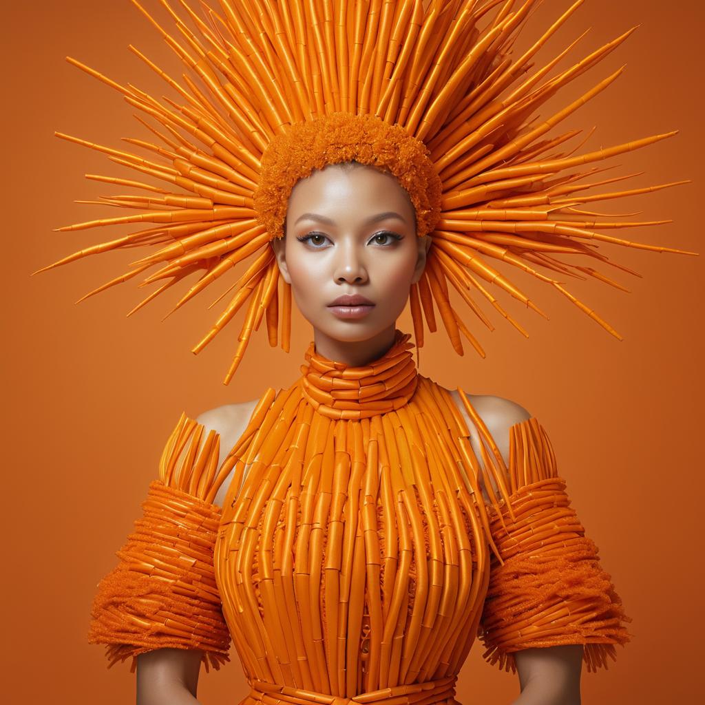 Striking portrait of a woman in an orange outfit with a sunray headpiece