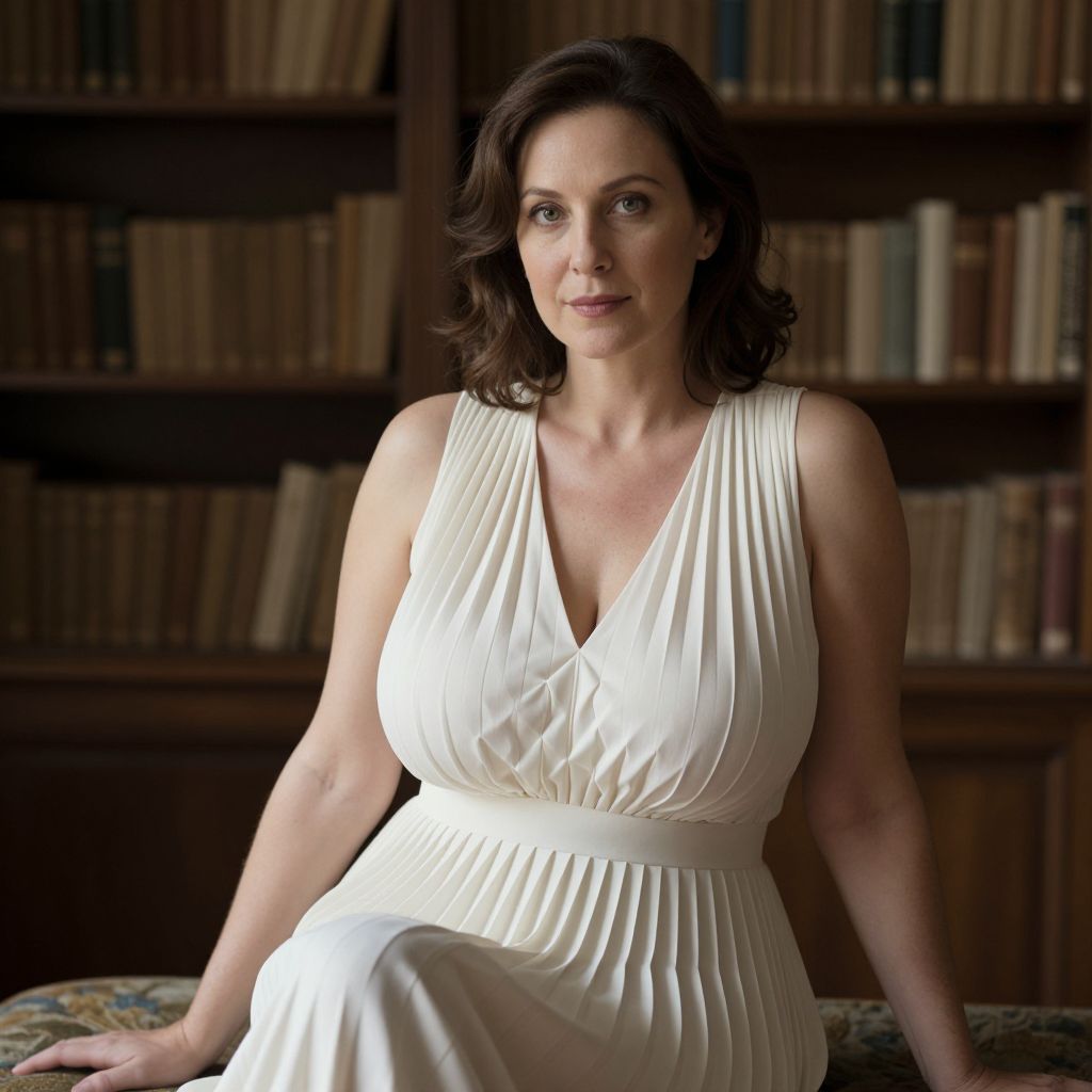 Elegant Woman in White Pleated Dress Sitting in Vintage Library