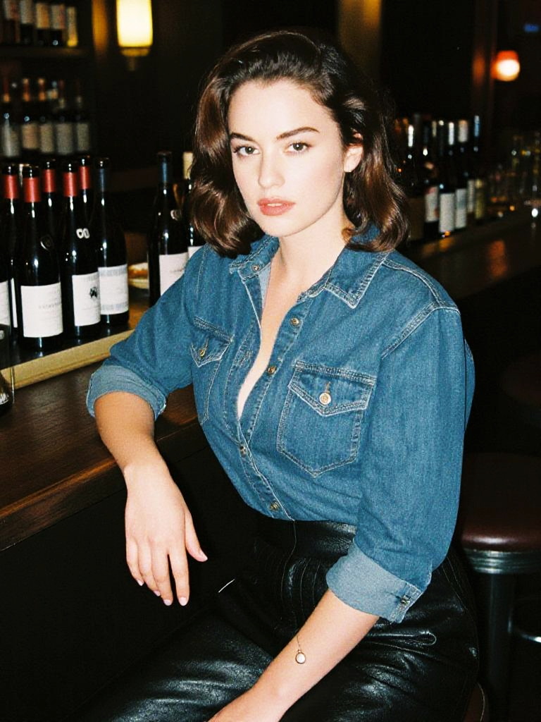 Woman in Mid Wash Denim Shirt Styled in Anscochrome Analog Film at Bar