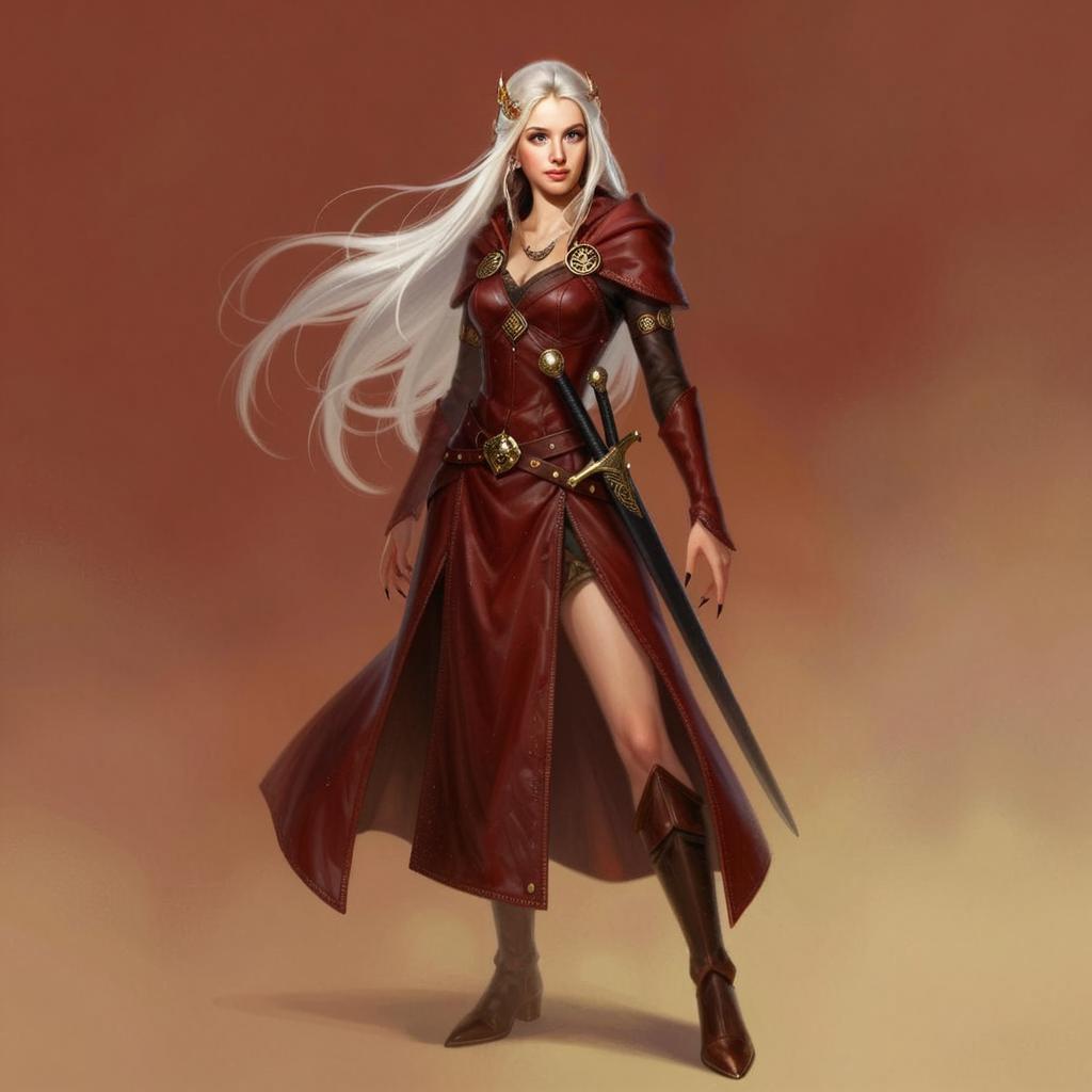 Athena Nailo Elven Woman in Red Leather Armor with Sword Fantasy Artwork