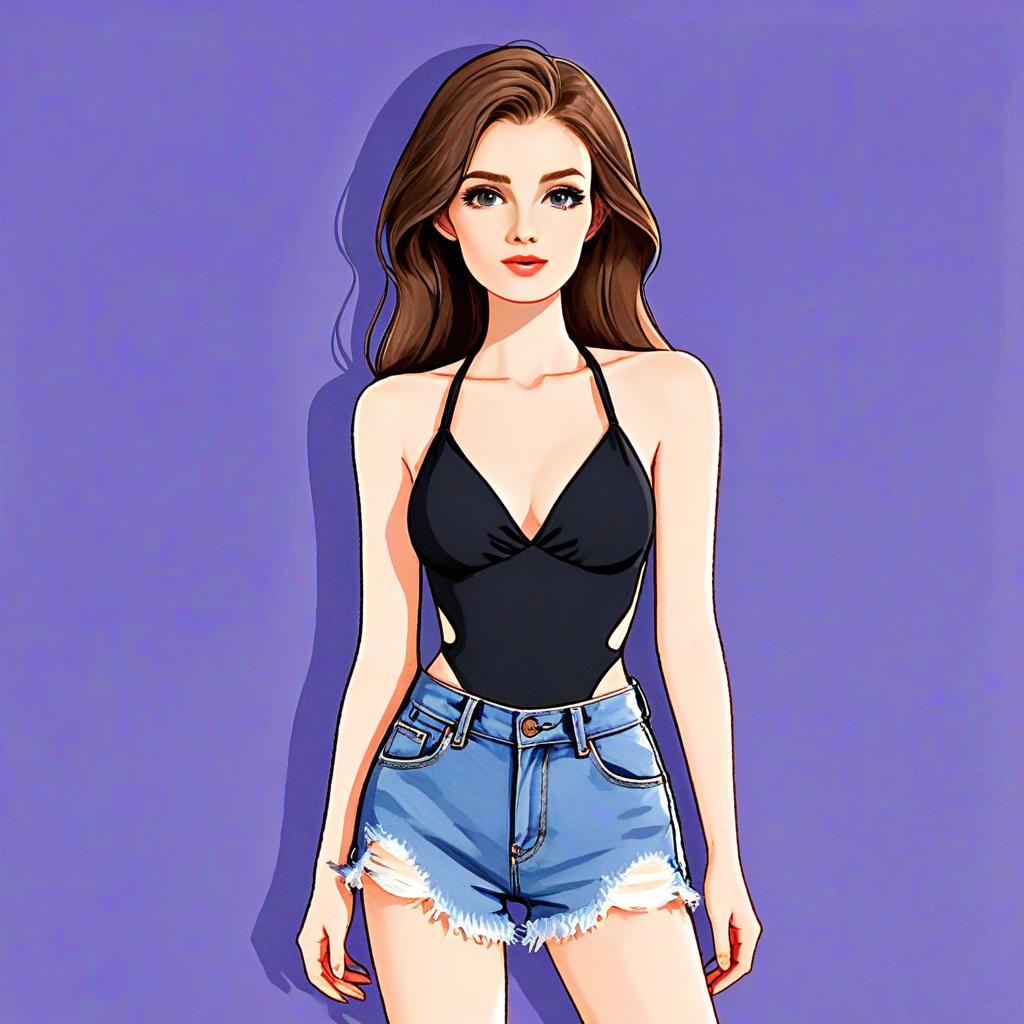 Stylish Woman in Black Halter Neck Swimsuit and Denim Shorts Illustration
