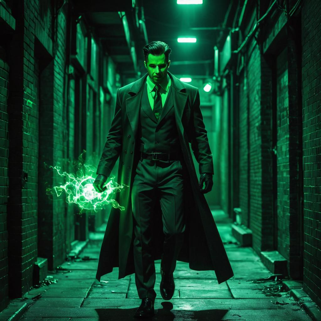 Mysterious Man in Dark Alley with Green Energy