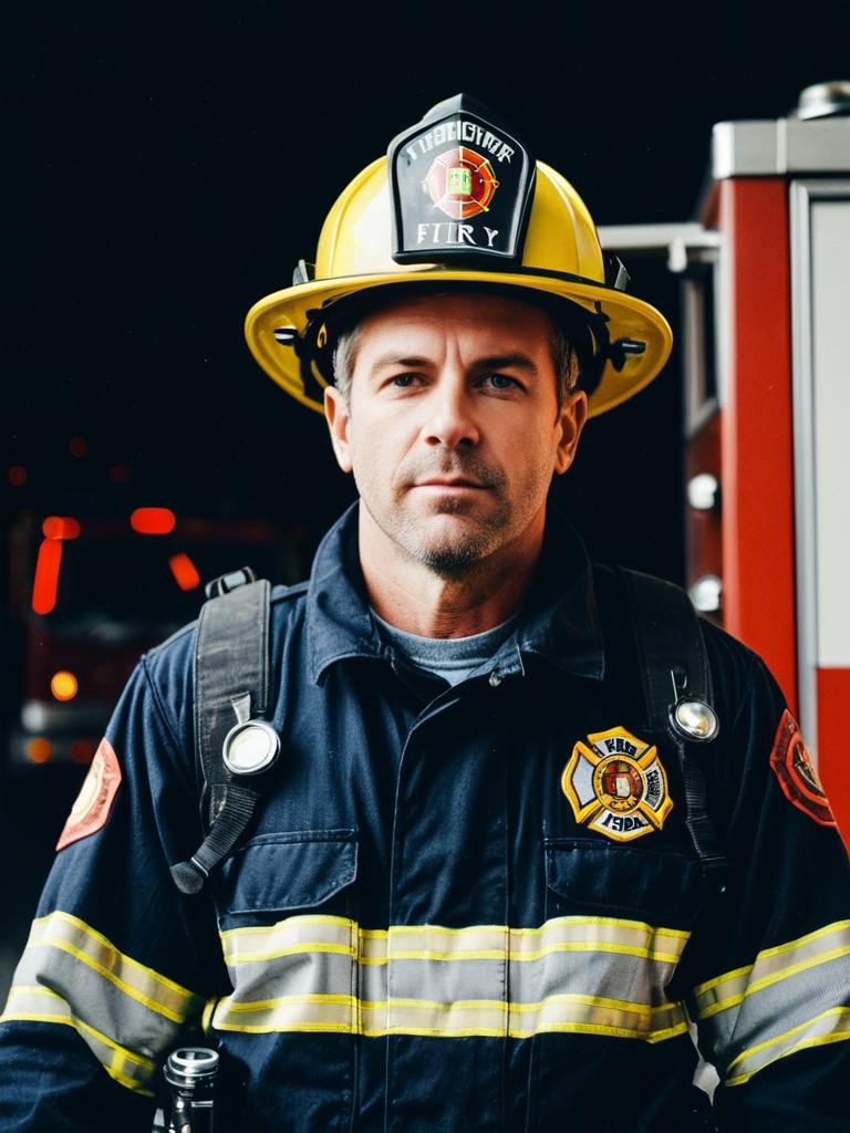Photorealistic Portrait of Man in Firefighter Costume with Helmet