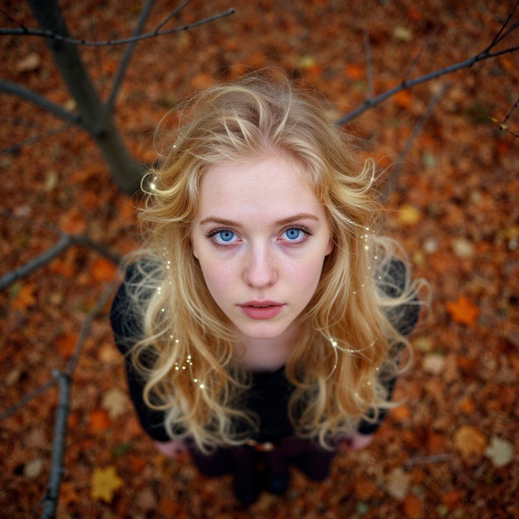 Young Blonde Woman with Blue Eyes in Autumn Leaves Top View