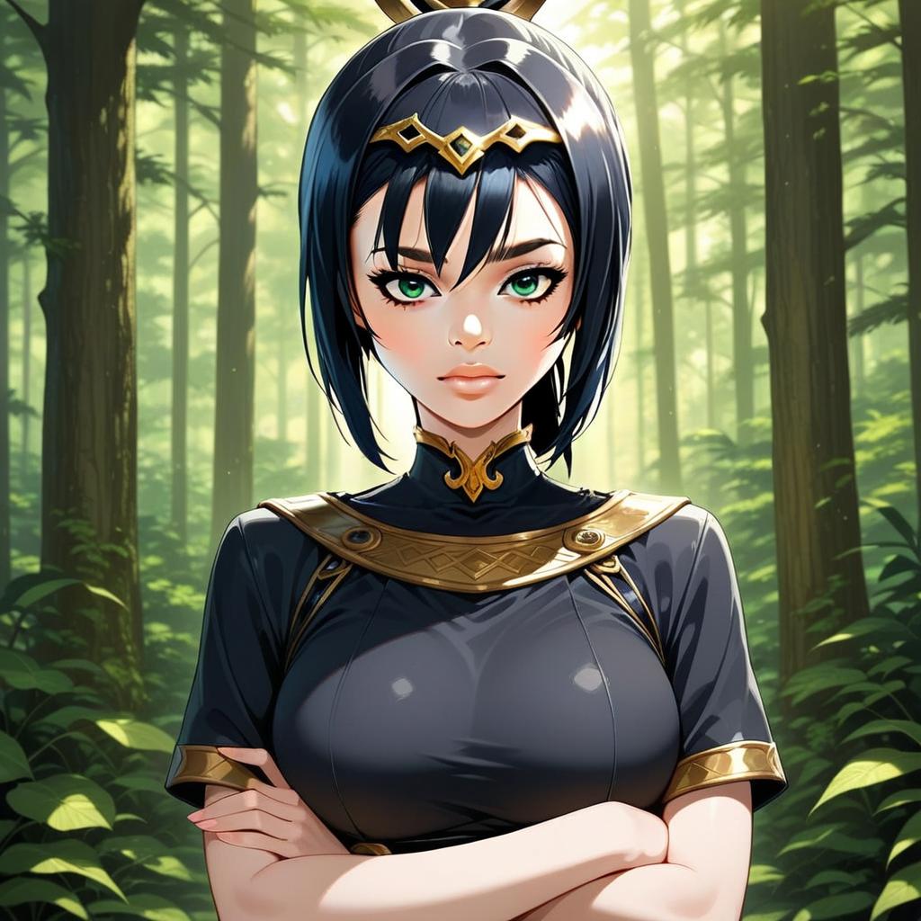 Confident Anime Woman in Fantasy Armor Standing in Forest