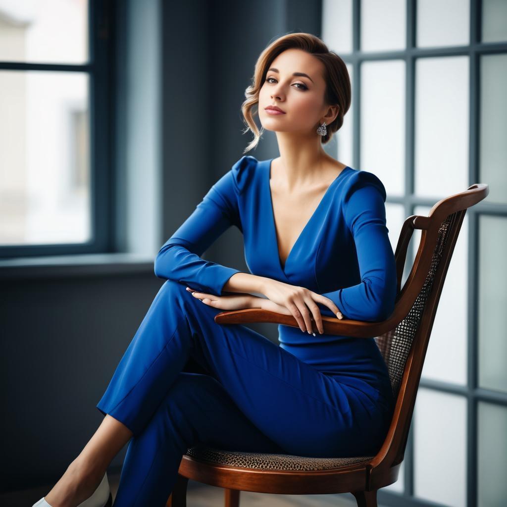 Elegant Woman in Blue Outfit by Window Elegant Woman in Blue Outfit by Window