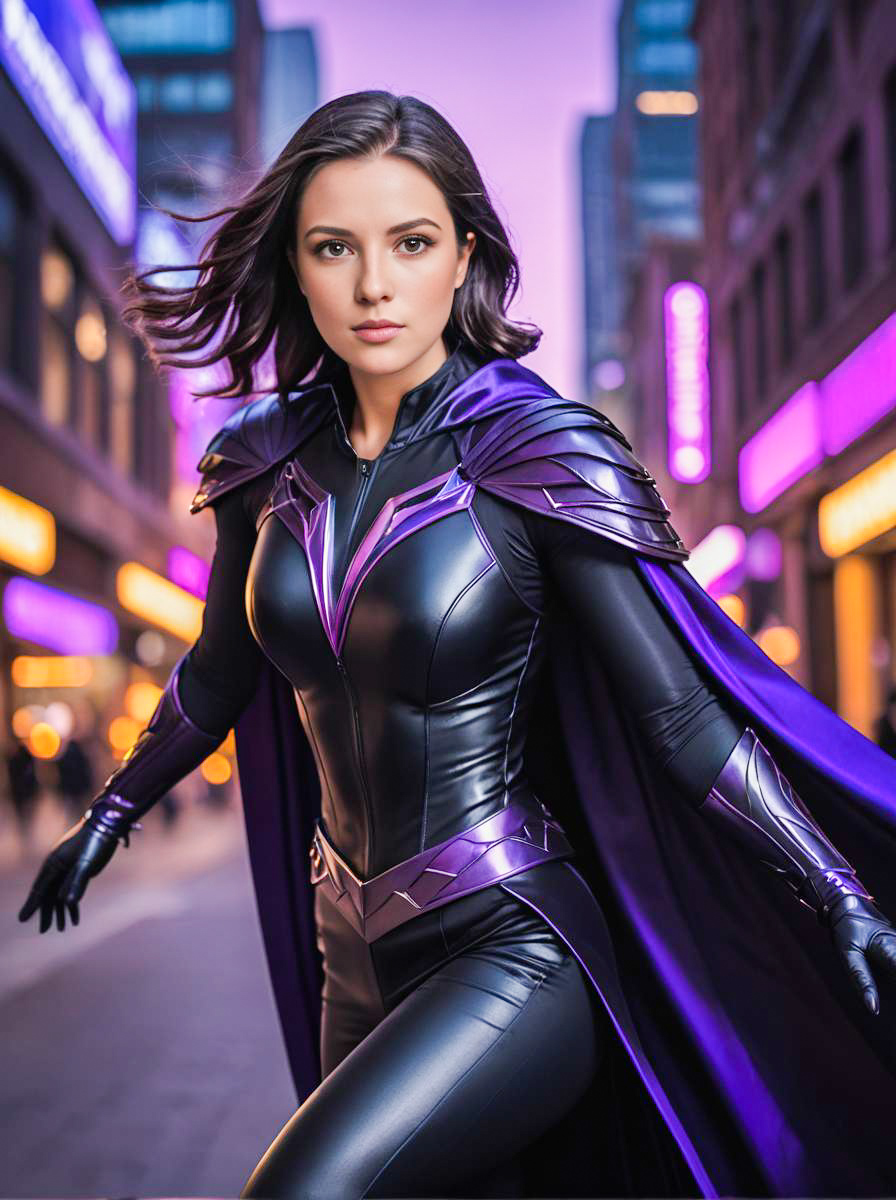 Confident Woman in Purple Black Superhero Costume on City Street