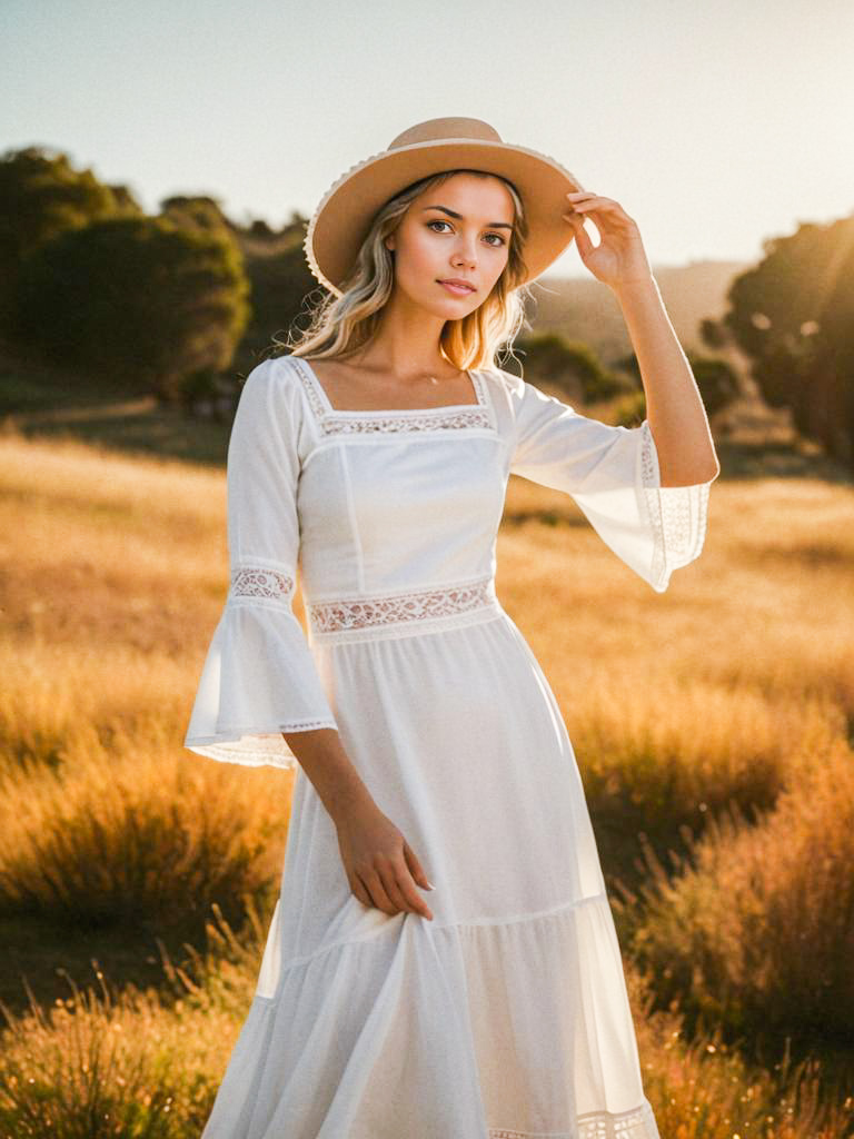 Elegant Woman in White Dress at Golden Hour