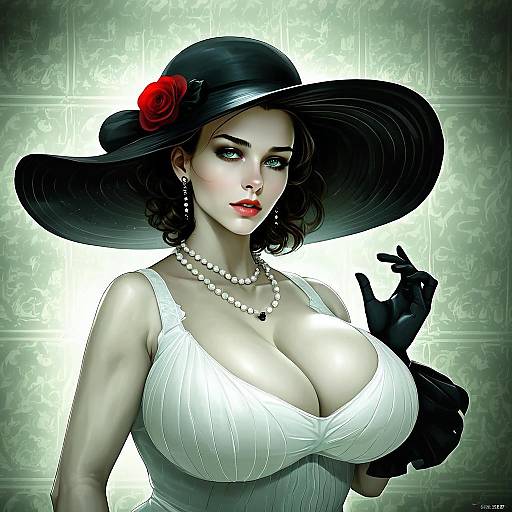 Anime Style Elegant Woman in Black Hat with Red Rose