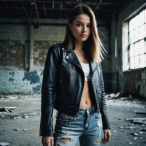 Young Woman in Leather Jacket and Distressed Jeans in Urban Industrial Setting