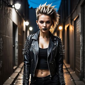 Confident Young Woman in Punk Style in Urban Alley